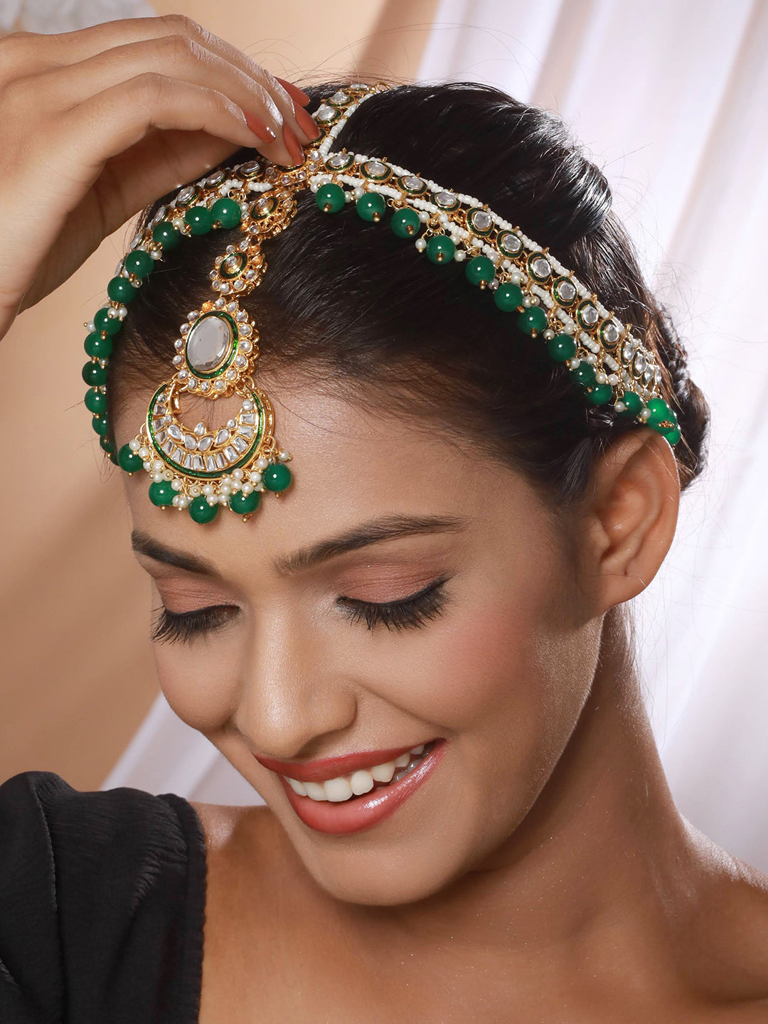 Gold-Plated Green & White Kundan-Studded & Pearls Beaded Sheeshphool Mathapatti - Jazzandsizzle