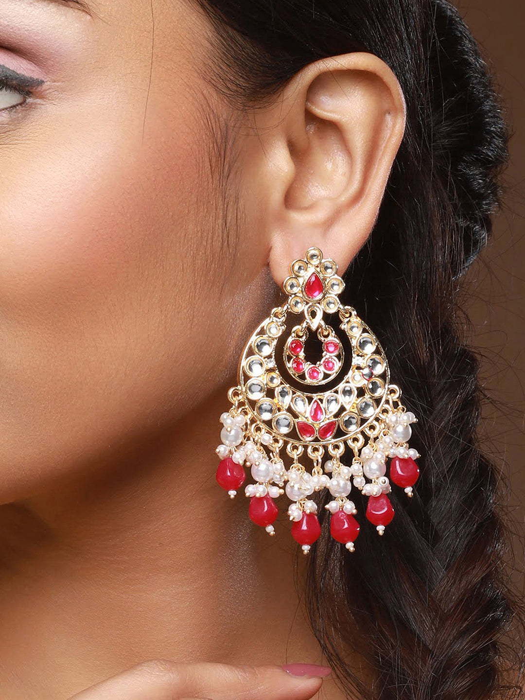 Gold-Plated & Red Kundan Classic Chandbalis Earrings - Jazzandsizzle