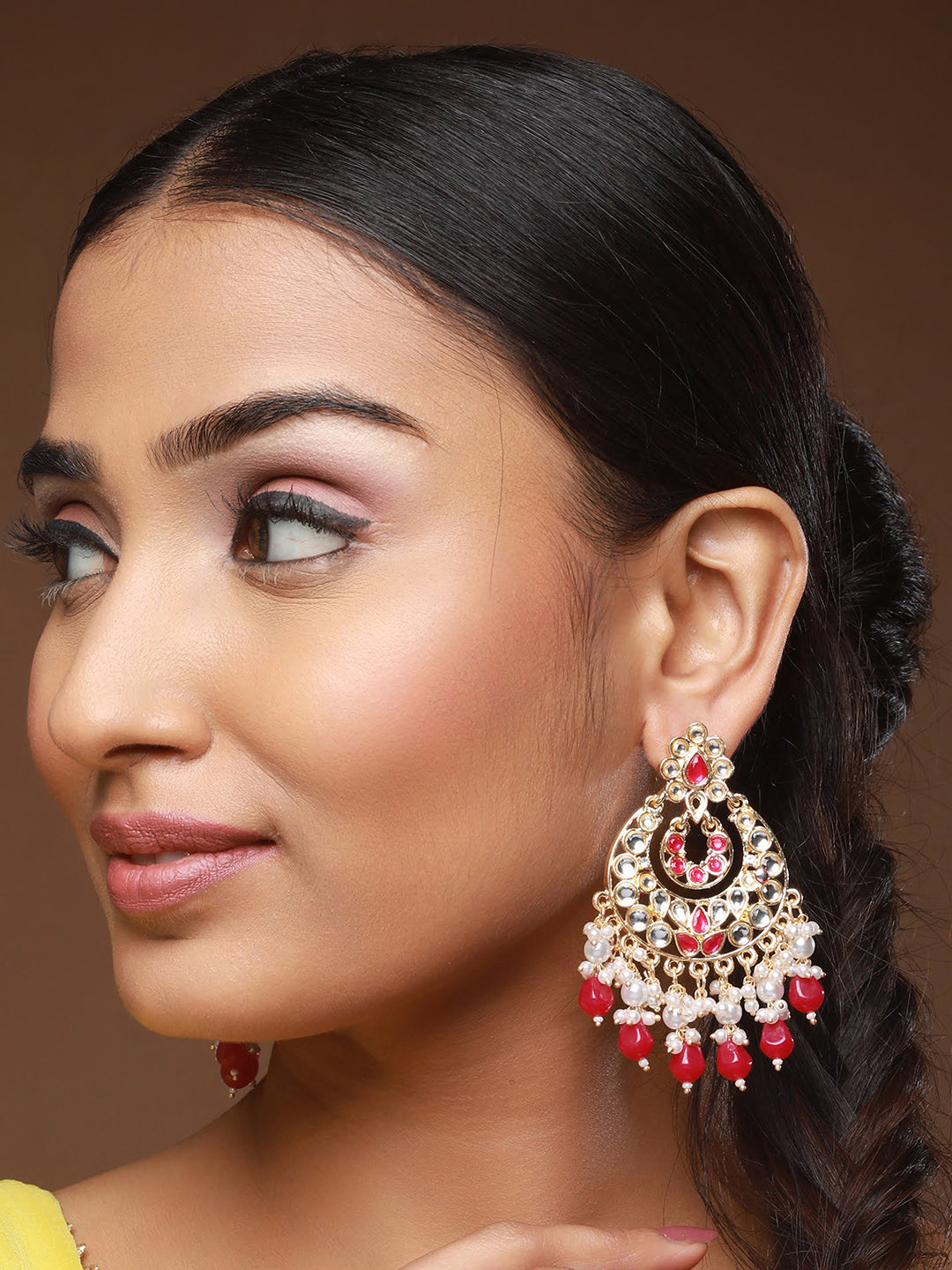 Gold-Plated & Red Kundan Classic Chandbalis Earrings