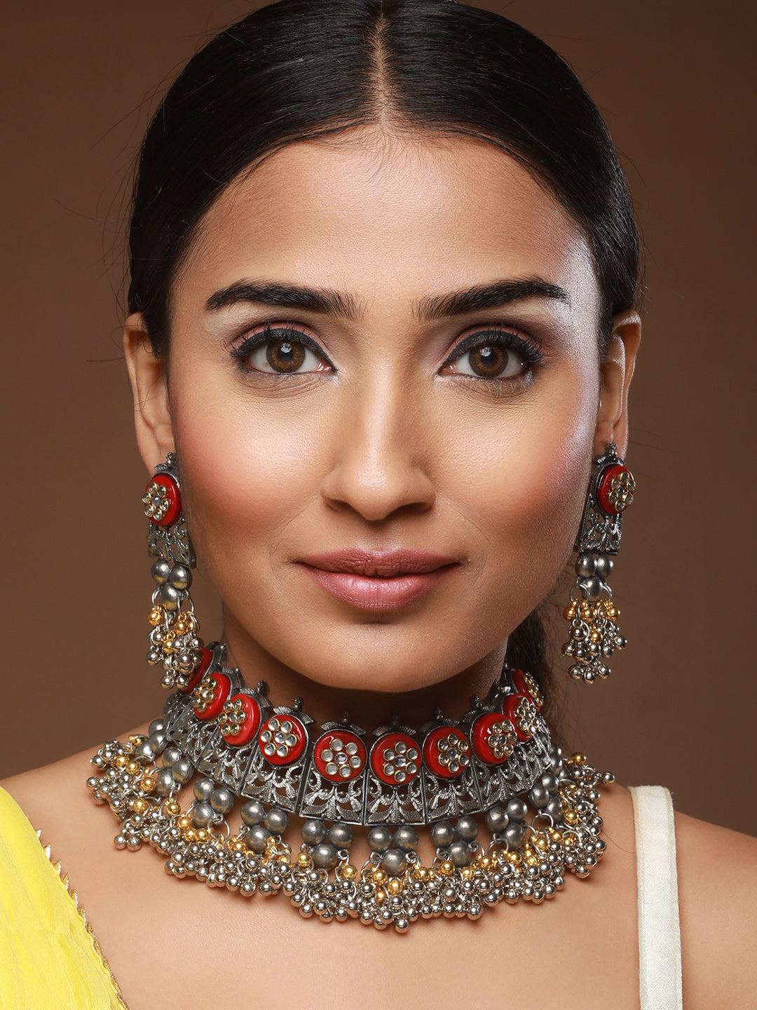 Oxidized Beaded & Kundan studded Choker Necklace With Earrings - Jazzandsizzle