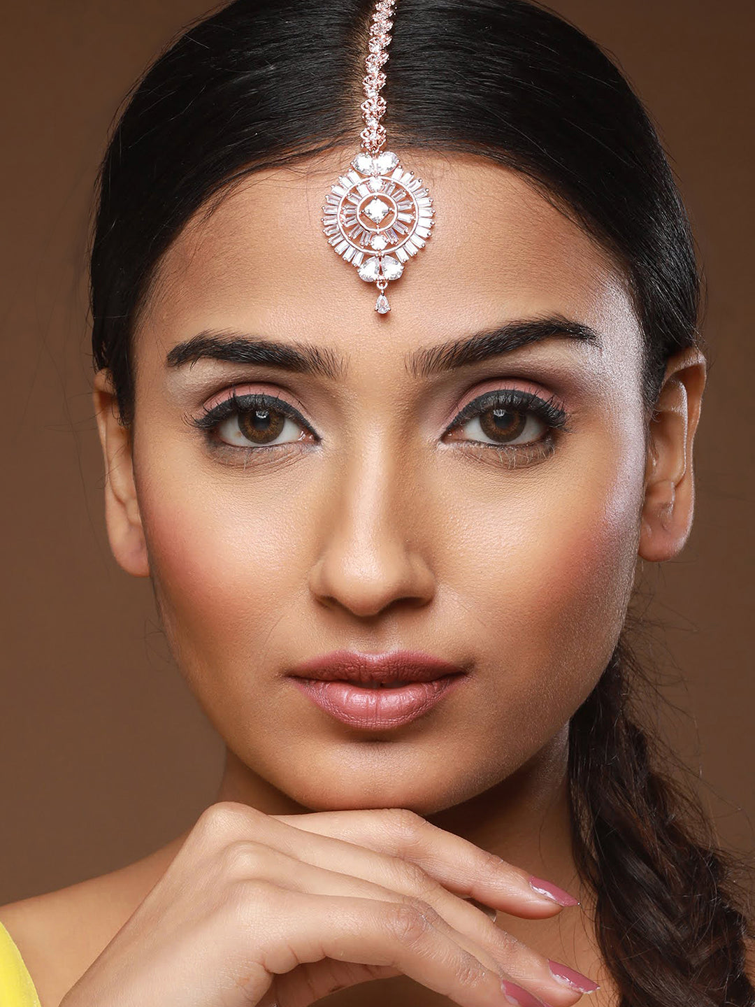 Rose Gold-Plated AD-Studded Circular Handcrafted Maang Tika - Jazzandsizzle