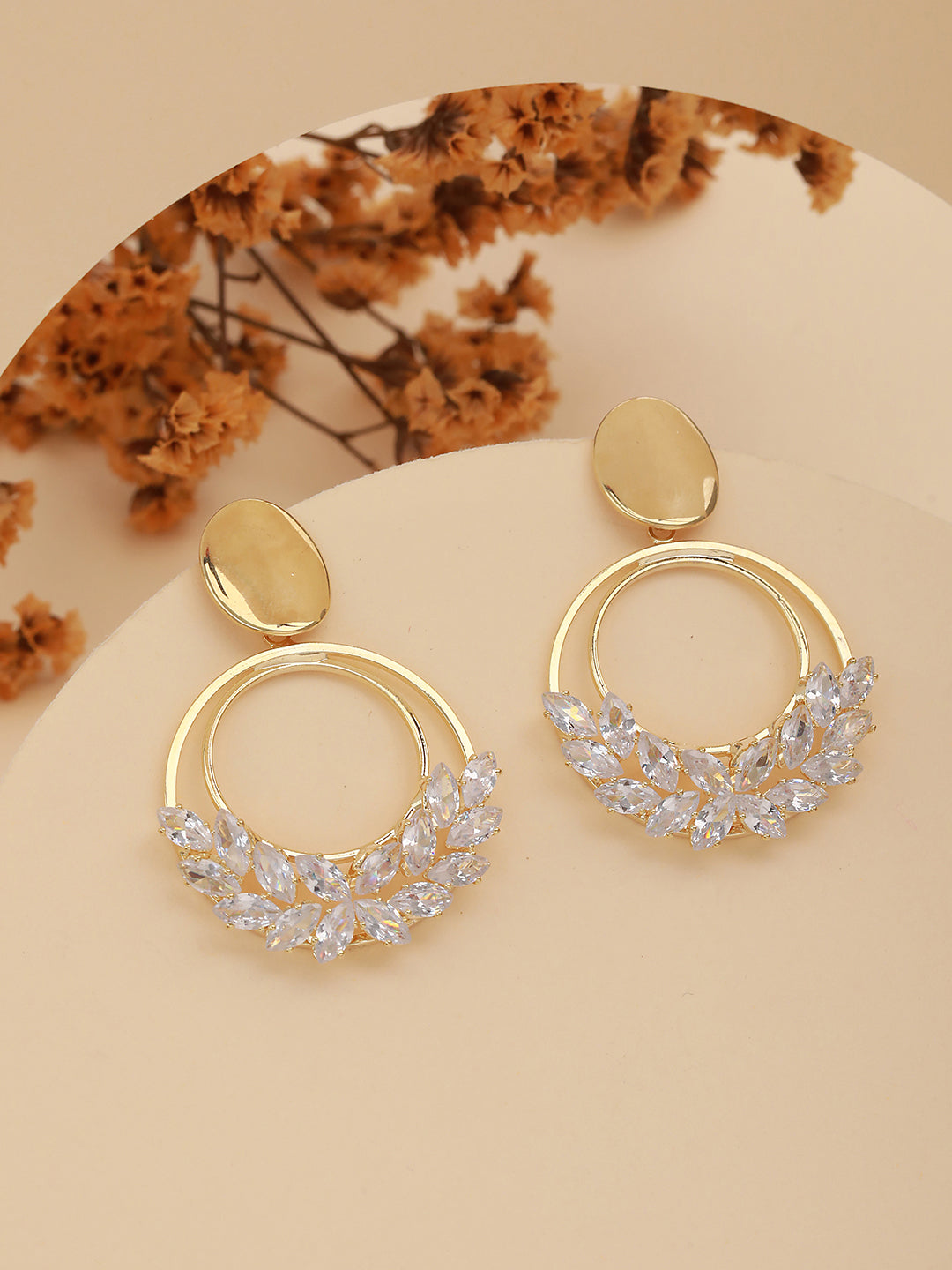 JAZZ AND SIZZLE Gold-Plated & Crystal Studded Geometric Drop Earrings - Jazzandsizzle