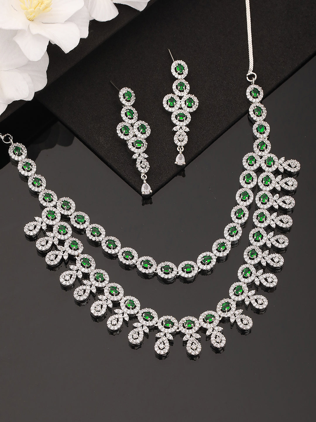 Jazz and Sizzle Rhodium-Plated Green American Diamond Studded Handcrafted Jewelry Set - Jazzandsizzle