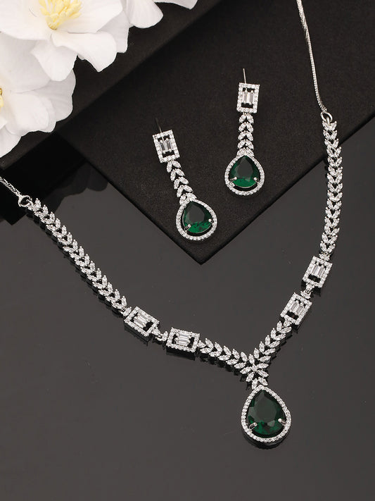 Jazz And Sizzle Silver-Plated Green American Diamond-Studded Jewelry Set - Jazzandsizzle