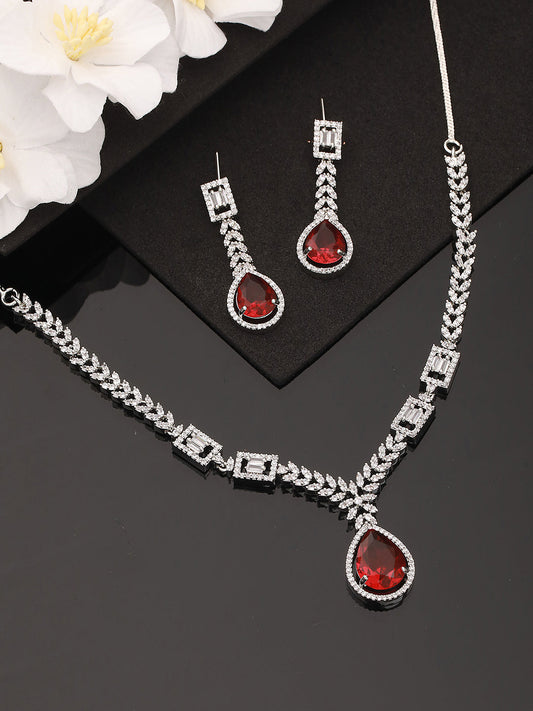 Jazz And Sizzle Silver-Plated Red AD-Studded Jewellery Set - Jazzandsizzle