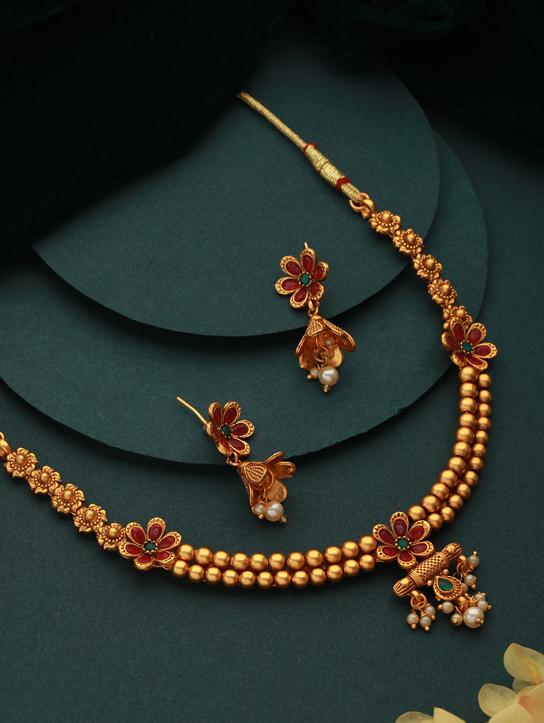 Gold-Plated Stone-Studded & Beaded Temple Necklace & Earrings - Jazzandsizzle