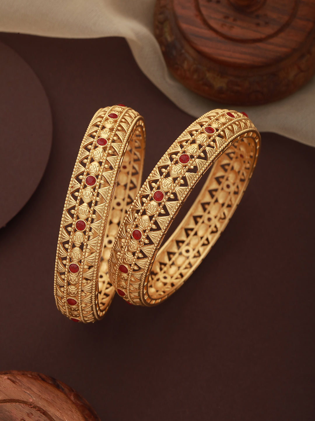 Jazz And Sizzle Set Of 2 22K Gold-Plated Marron Red Stone-Studded Handcrafted Bangles