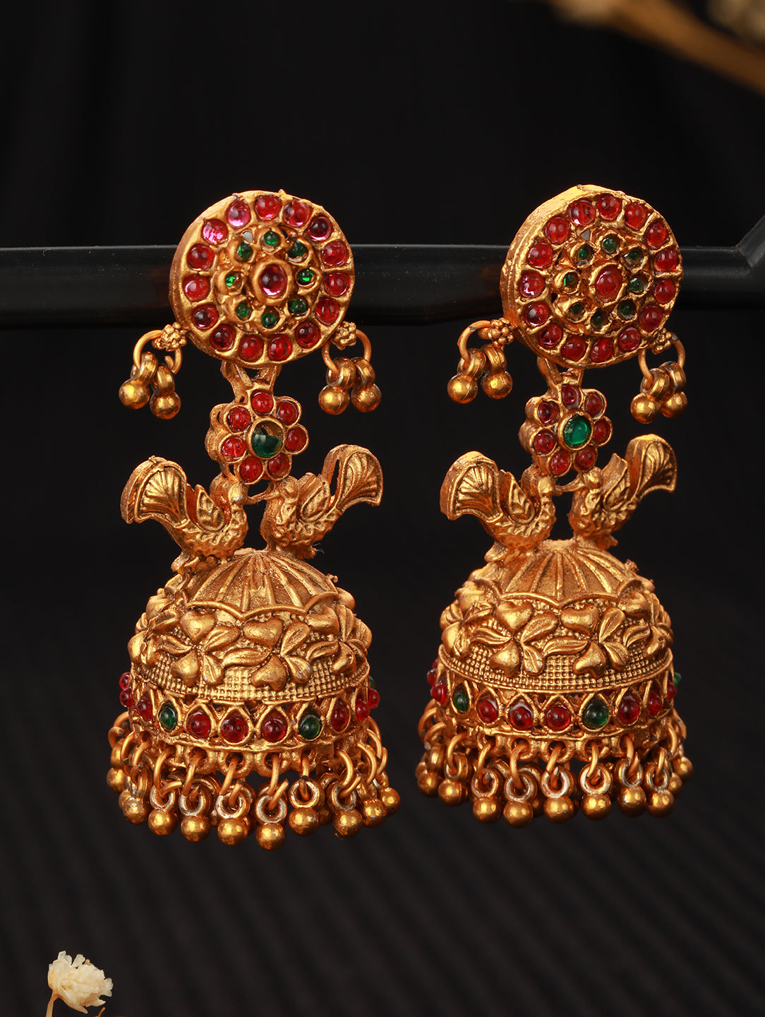 Gold-Toned Red & Green Peacock Shaped Jhumkas Earrings