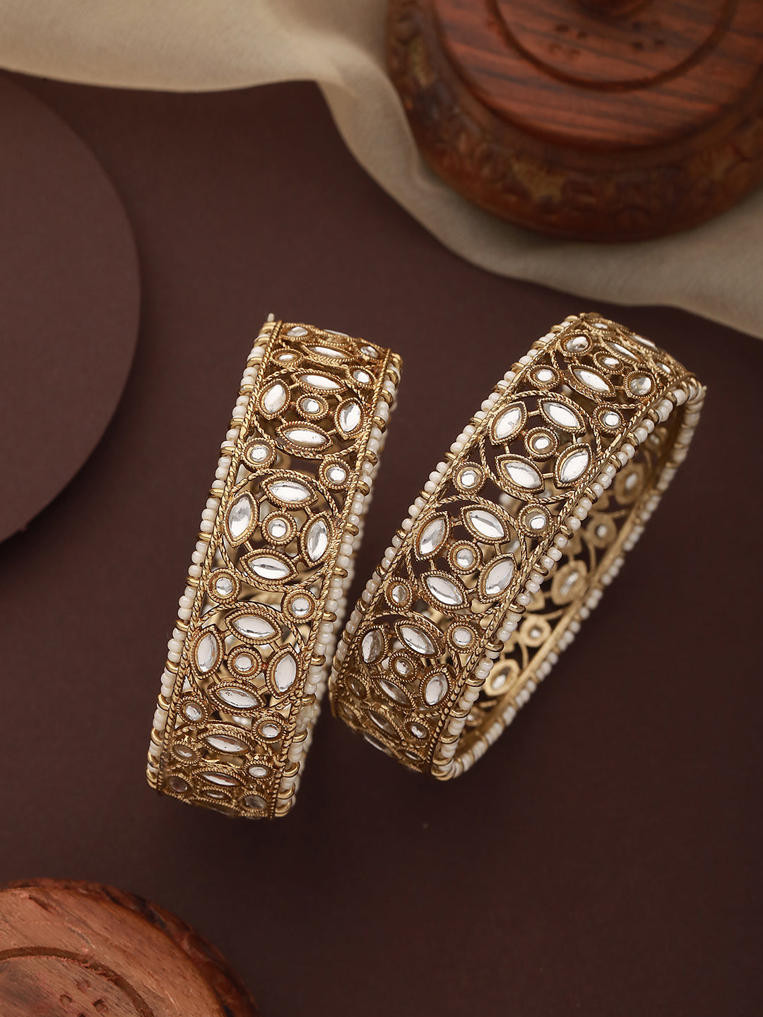 Set Of 2 Gold-Plated Kundan-Studded & Pearl-Beaded Bangle - Jazzandsizzle