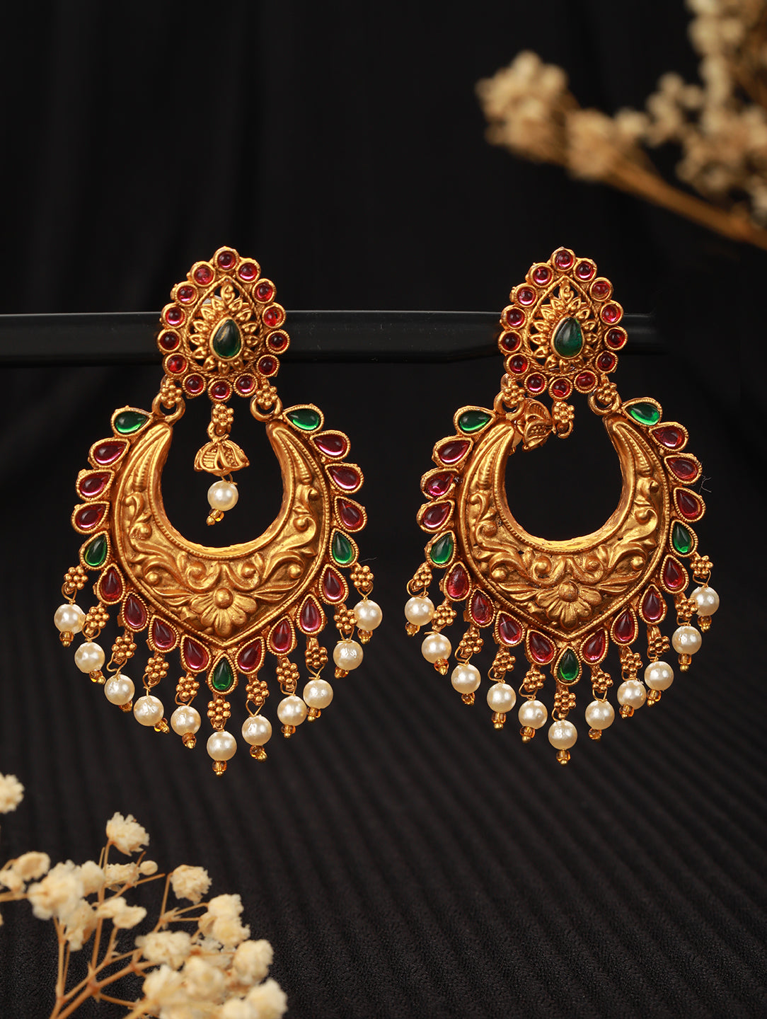 Jazz And Sizzle Gold-Plated Green &amp; Pink Stone studded &amp; pearls Drop Crescent Shaped Chandbalis