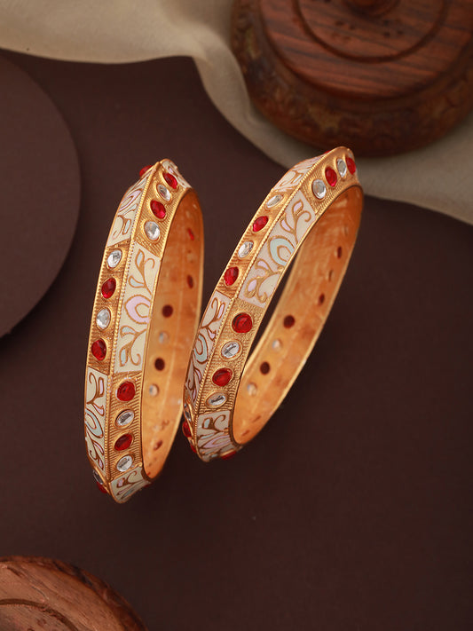 Jazz And Sizzle Set Of 2 Gold-Plated Red & White Kundan-Studded Meenakari Bangles - Jazzandsizzle