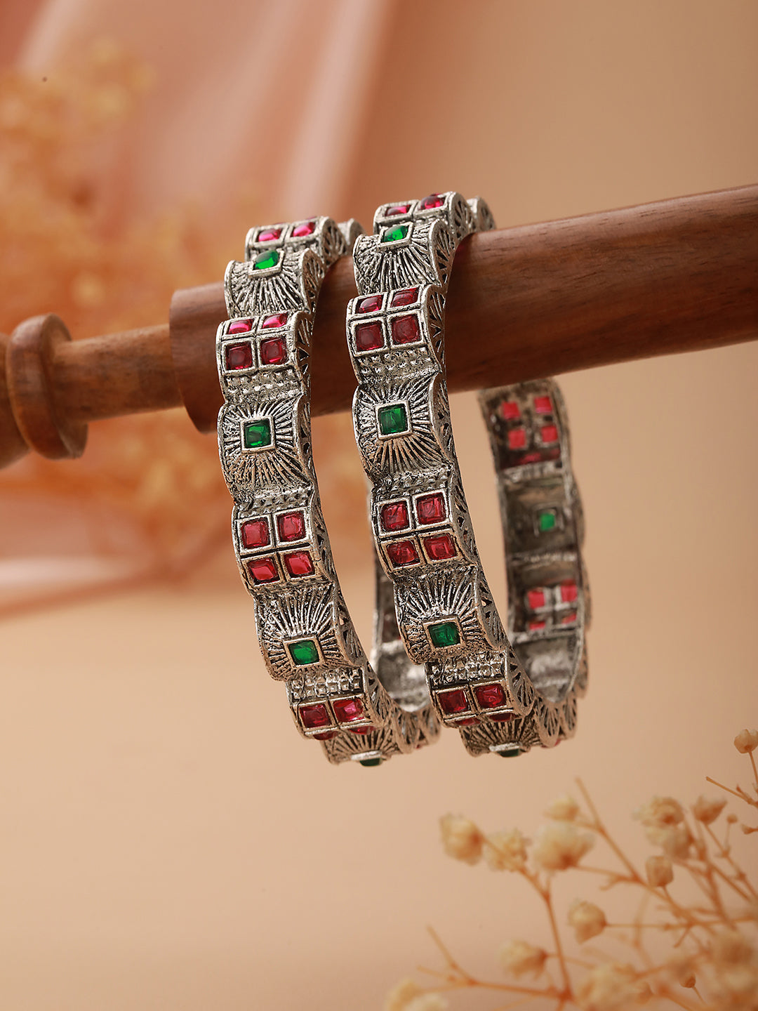 Jazz And Sizzle Set Of 2 Oxidized Silver-Plated Red & Green Stone Studded Bangles - Jazzandsizzle