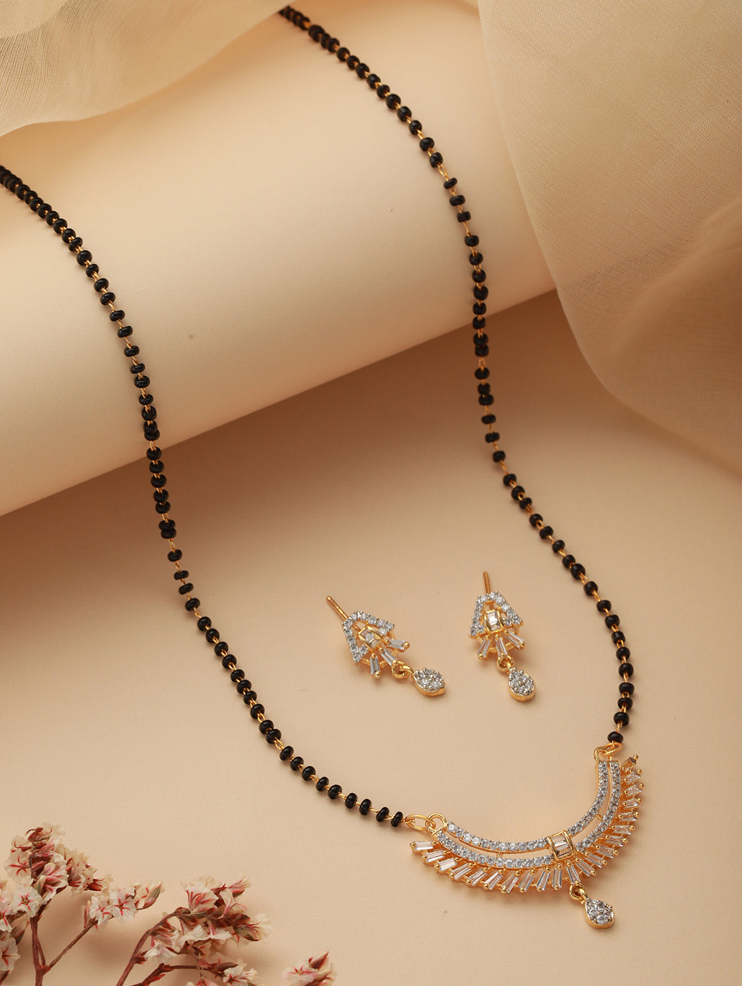 Black Gold-Plated Beaded & AD Studded Mangalsutra & Earrings Set
