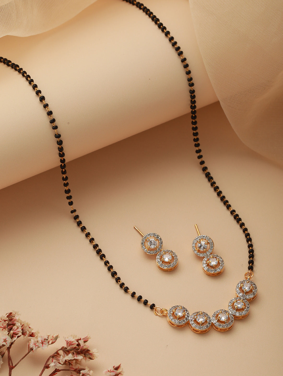 Gold-Plated Black Beaded & American Diamond-Studded Mangalsutra with Earrings