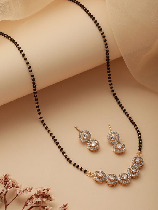 Gold-Plated Black Beaded & American Diamond-Studded Mangalsutra with Earrings - Jazzandsizzle