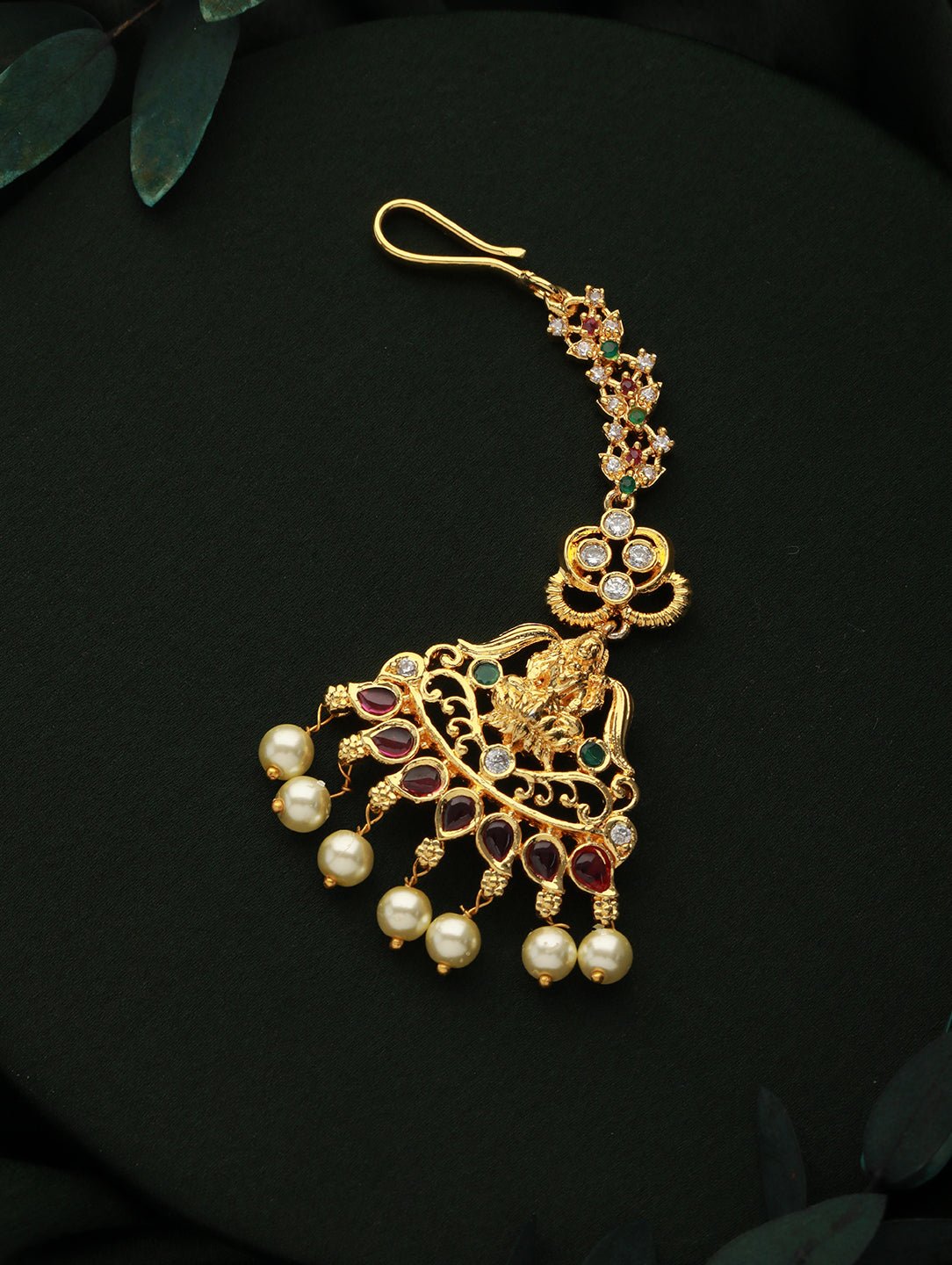 Gold-Plated Red & Green AD Studded & Pearl Laksmi Maang Tikka