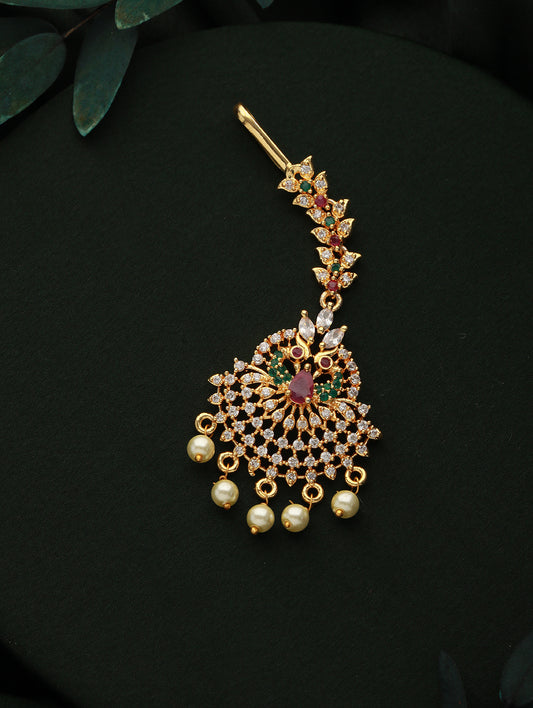 Jazz And Sizzle 24k Gold-Plated Red & White AD-Studded & Beige Beaded Handcrafted Maang Tikka - Jazzandsizzle