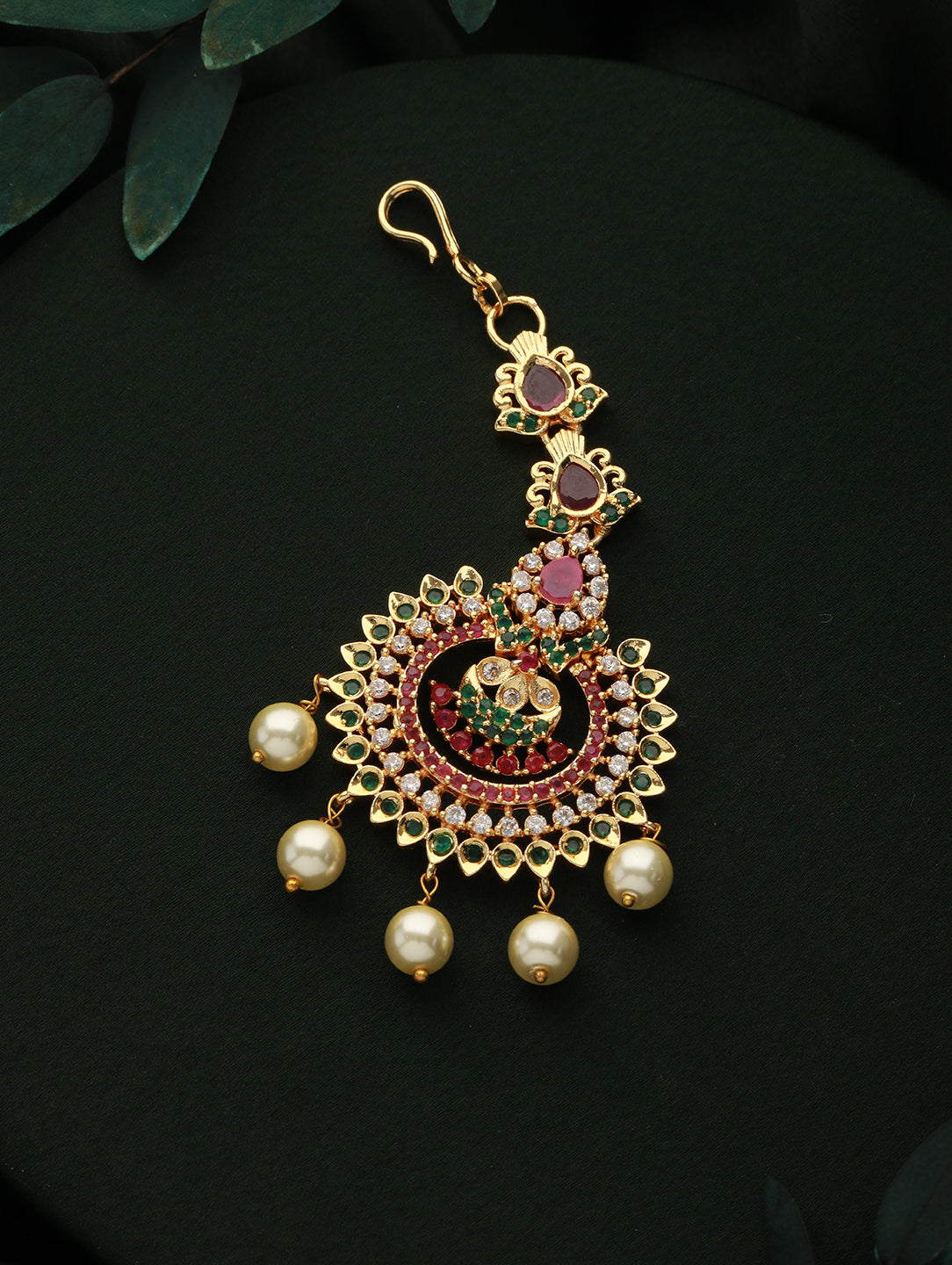 24K Gold-Plated Red & Green Stone-Studded & White AD Studded Temple Maangtika - Jazzandsizzle