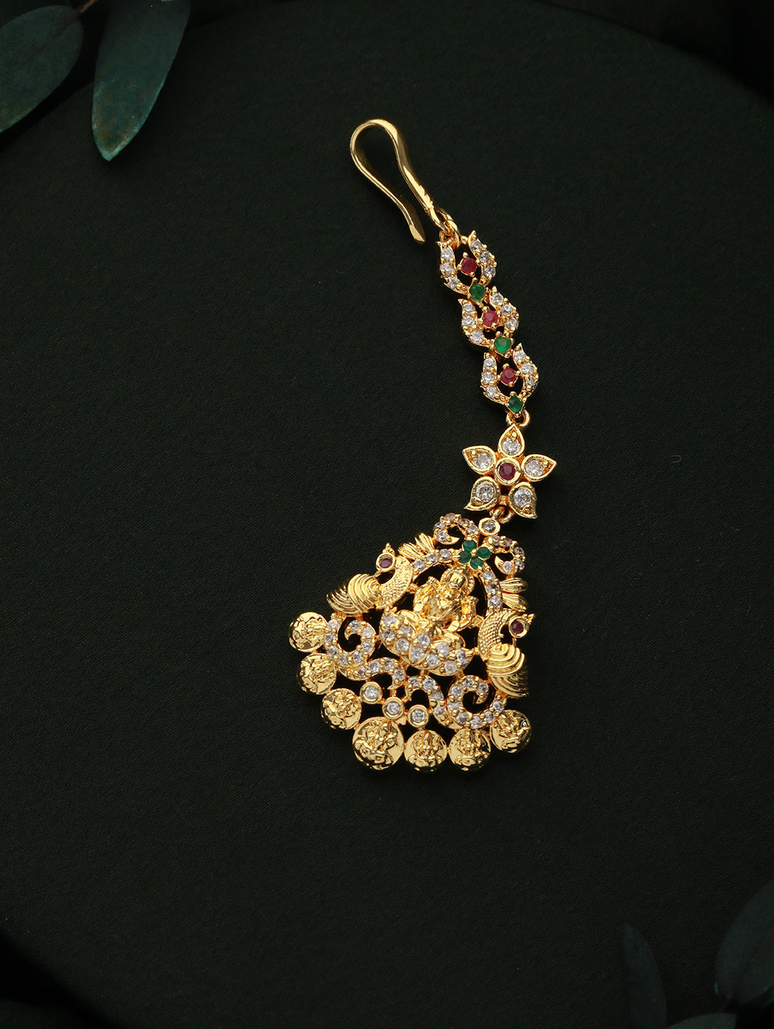 Gold-Plated White & Red AD studded & Pearl Peacock Maang Tikka - Jazzandsizzle