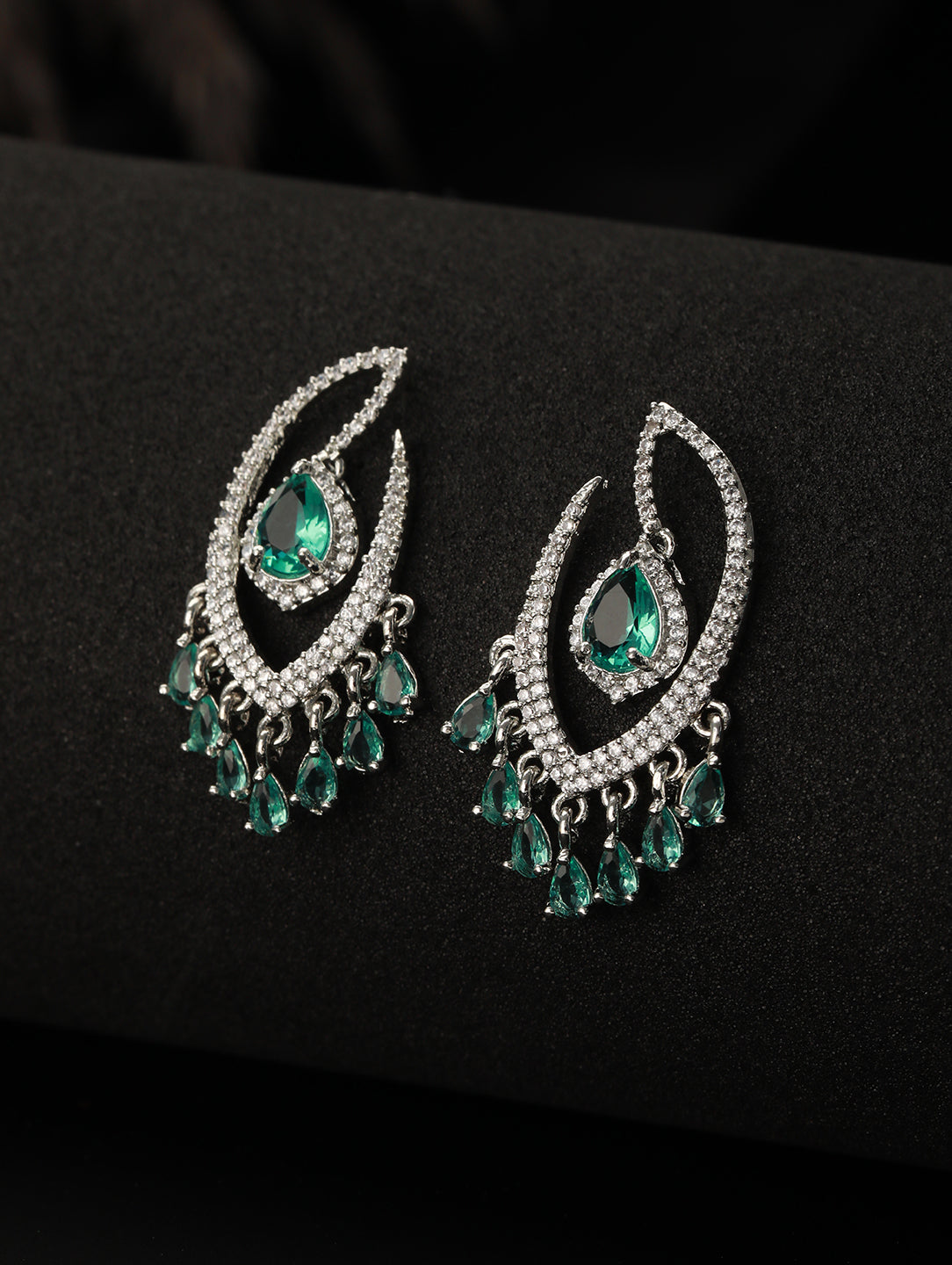 Green & White Rhodium Plated AD Studded Drop Earrings