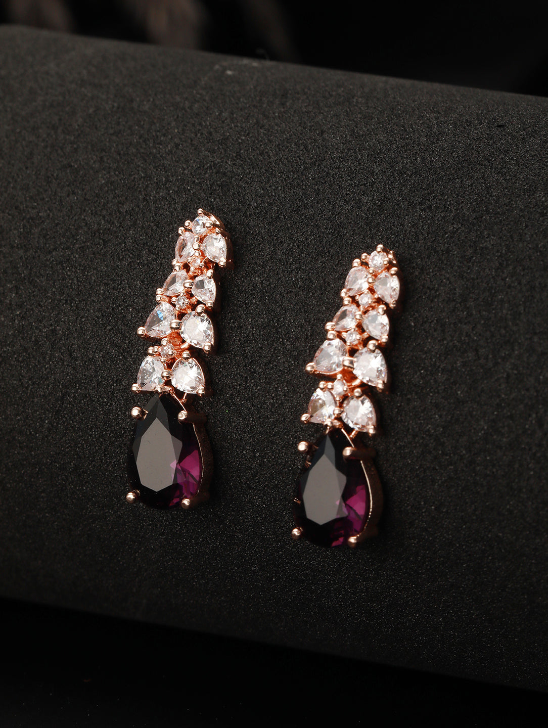 Rose Gold-Plated & Purple AD-Studded Handcrafted Teardrop Drop Earrings - Jazzandsizzle