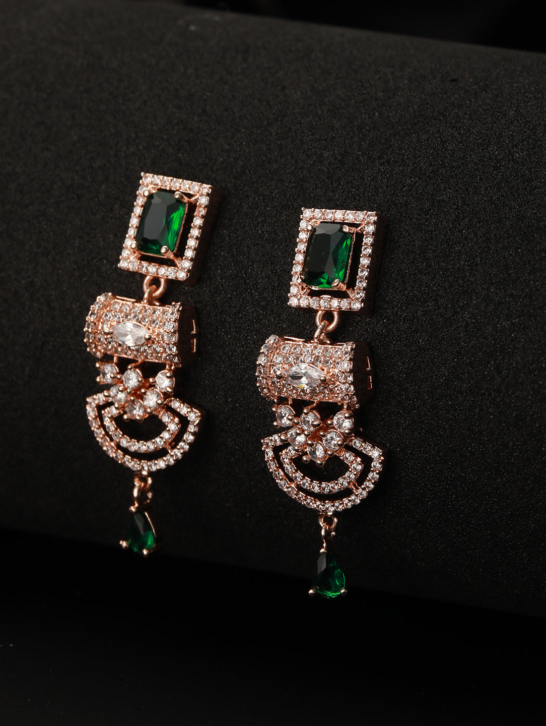 Green & Rose Gold Plated AD Studded Rectangular Drop Earrings - Jazzandsizzle