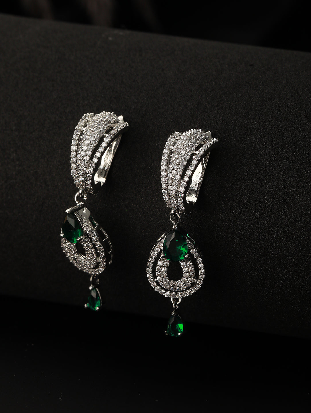 Green & White Rhodium Plated AD Studded Teardrop Earrings - Jazzandsizzle