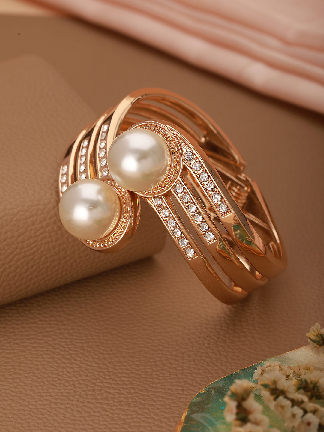 JAZZ AND SIZZLE Gold-Plated CZ Studded White Pearls Cuff Bracelet - Jazzandsizzle