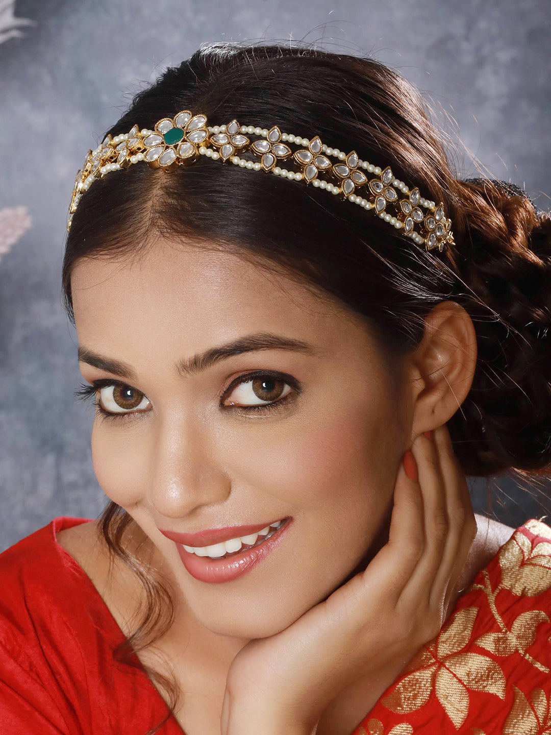 Gold Plated Green & White Kundan-Studded & Pearl Beaded Mathapatti - Jazzandsizzle