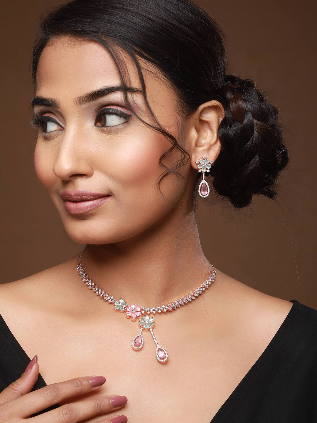 Rose Gold-Plated AD-Studded & Beaded Jewellery Set - Jazzandsizzle