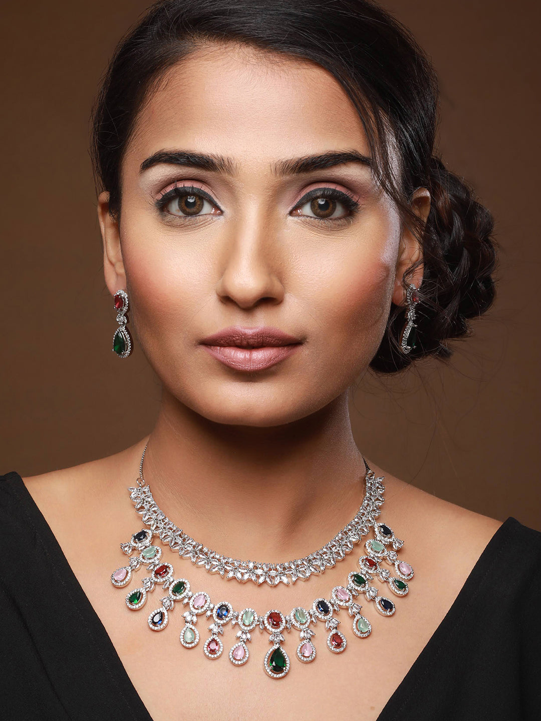 Silver-Plated AD-Studded & Beaded Layered Jewellery Set