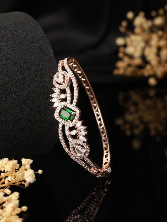 Rose Gold Plated & Green American Diamond Studded Bangle Link Bracelet - Jazzandsizzle