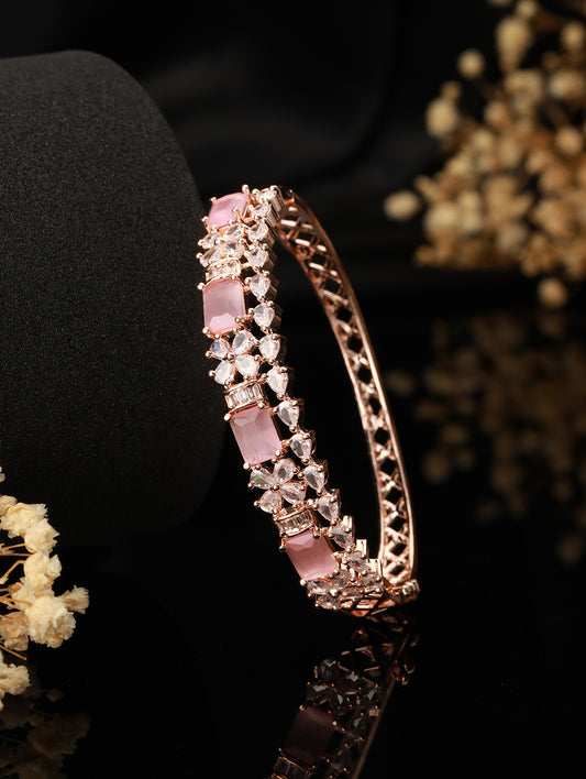 Rose Gold Plated & Pink American Diamond Studded Bangle Style Bracelet - Jazzandsizzle