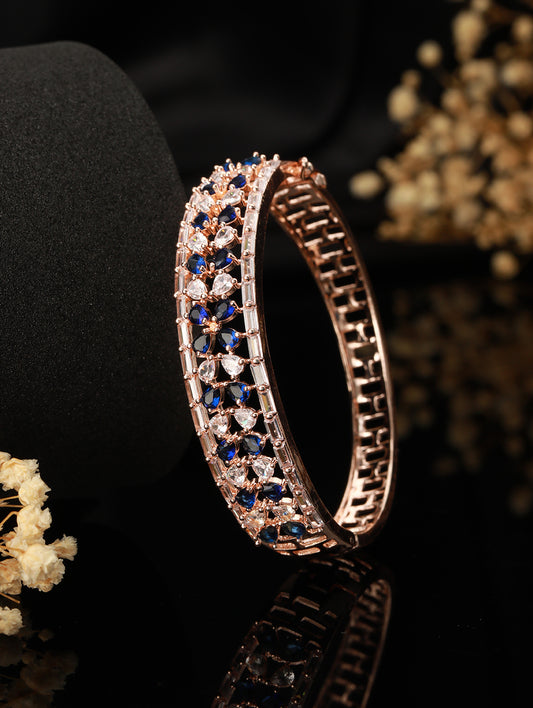 Rose Gold Plated & Blue American Diamond Studded Bangle Style Bracelet - Jazzandsizzle