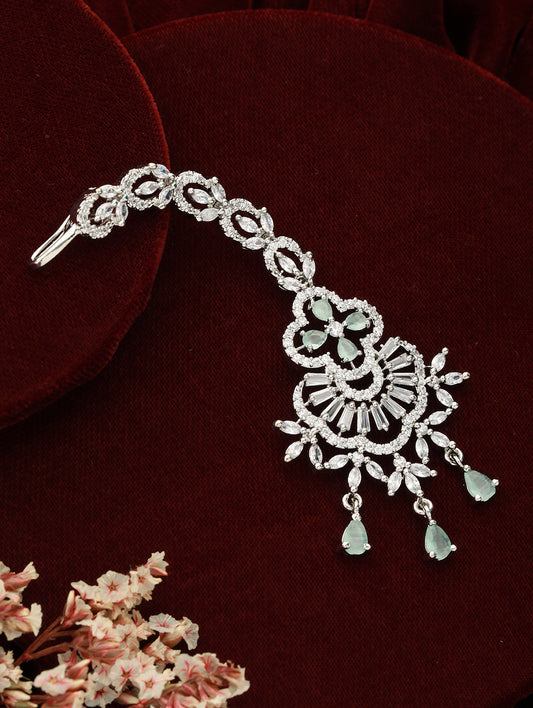 Rhodium-Plated Green & White AD Studded Maang Tikka - Jazzandsizzle