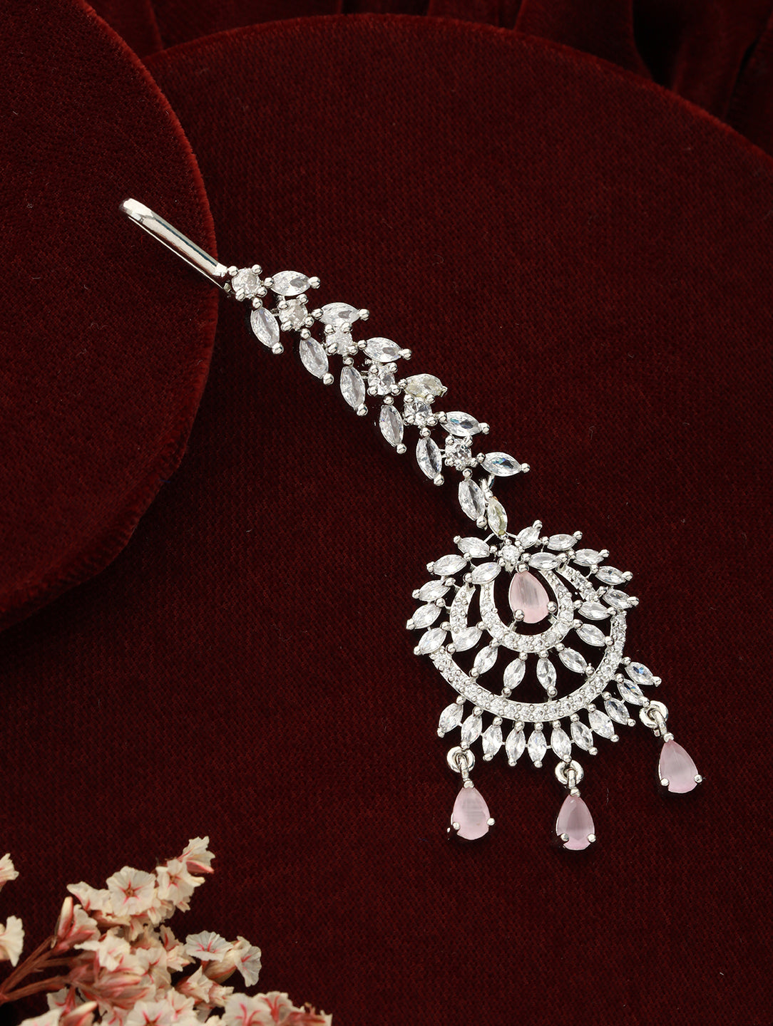 Rhodium-Plated Pink & White AD Studded Maang Tikka - Jazzandsizzle