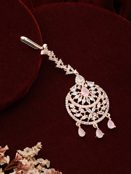 Rose Gold-Plated Pink & White AD-Studded Handcrafted Maang Tikka - Jazzandsizzle