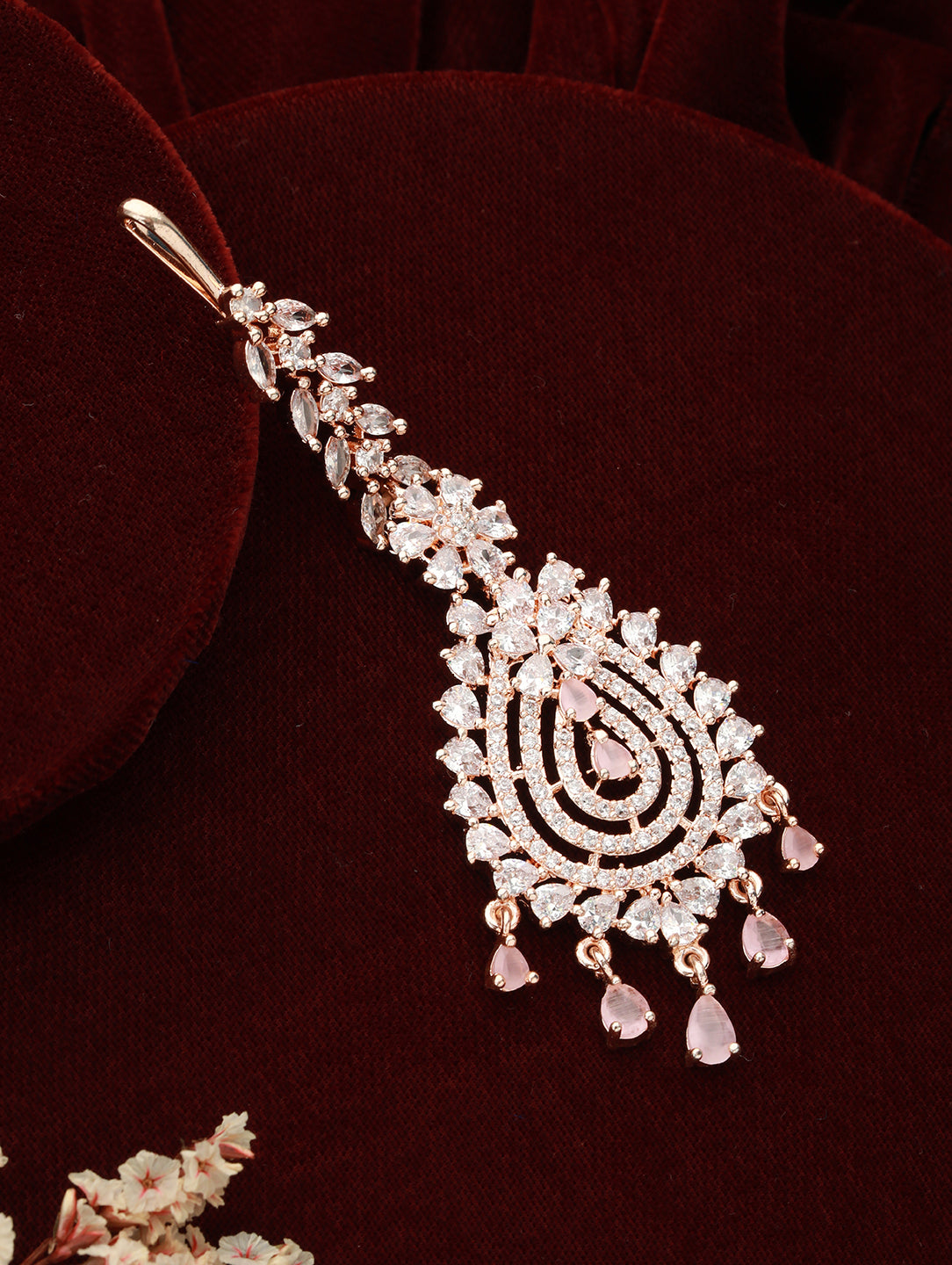 Rose Gold-Plated White CZ & Pink AD-Studded Handcrafted Maang Tikka - Jazzandsizzle