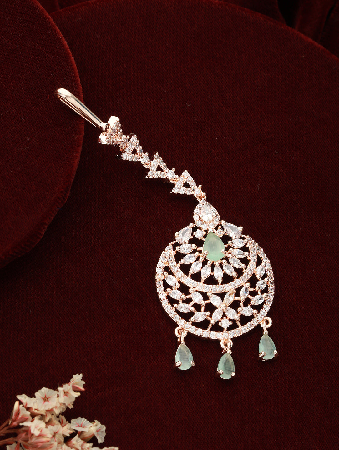 Rose Gold-Plated Green & White AD-Studded Handcrafted Maang Tikka - Jazzandsizzle