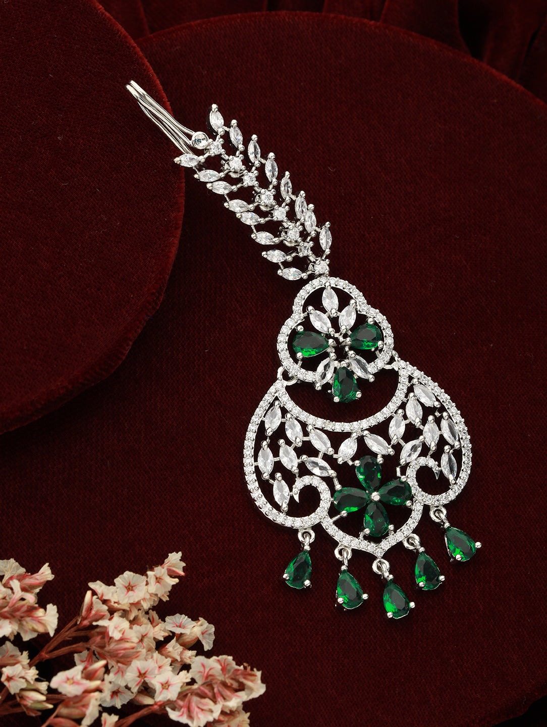 Silver-Plated & Green American Diamond & White CZ-Studded Handcrafted Maang Tikka - Jazzandsizzle