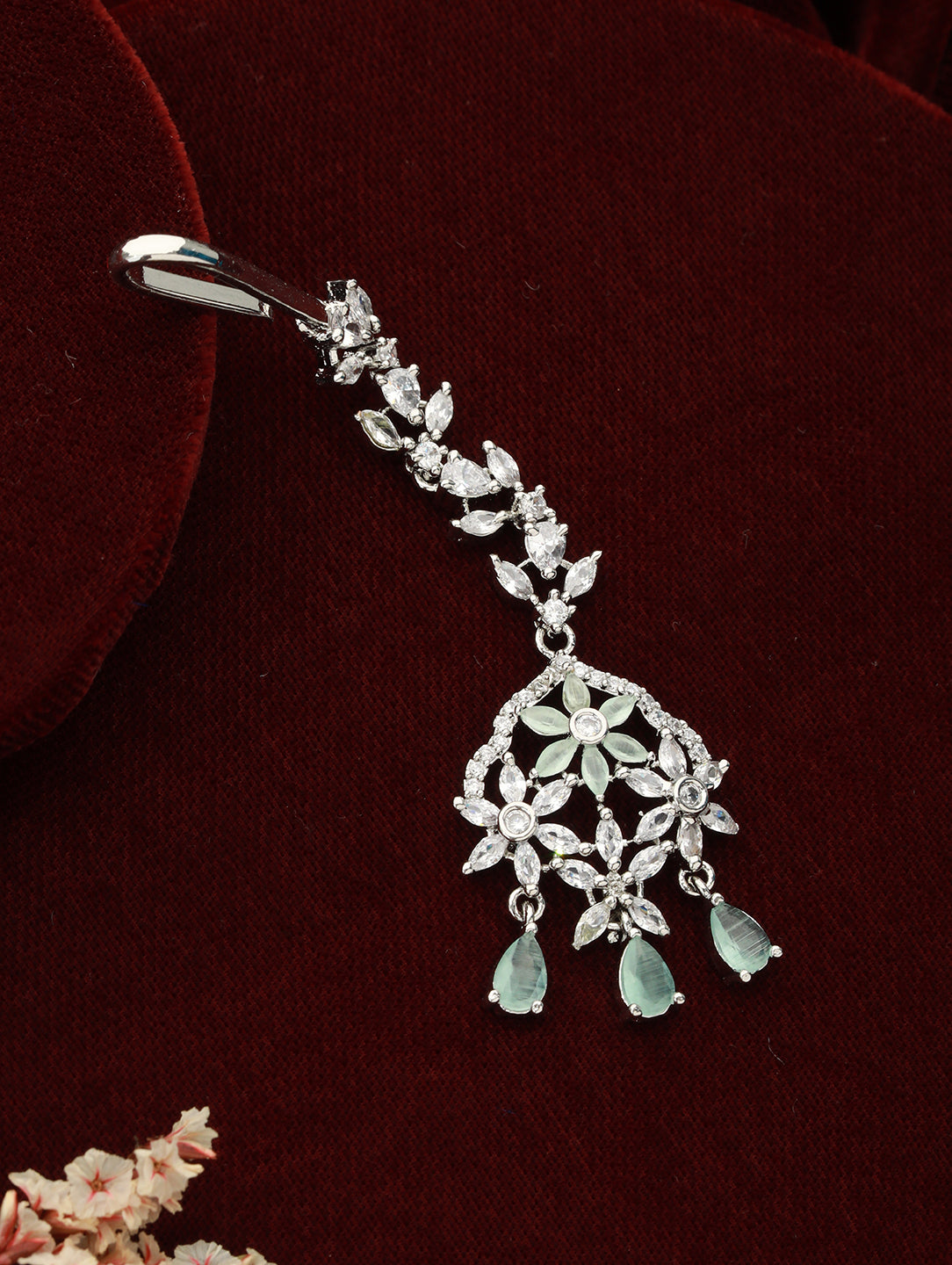 Rhodium-Plated Pink & White AD Studded Maang Tikka - Jazzandsizzle