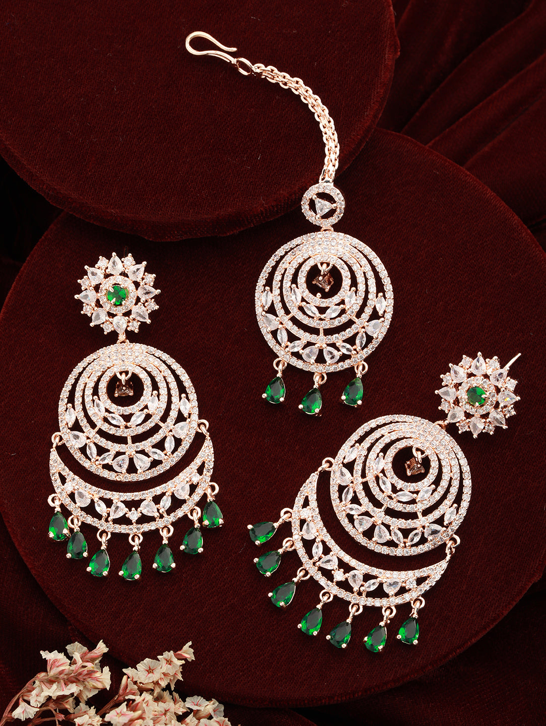 Rosegold-Plated Green American Diamond Studded Maang Tikka And Earrings Set - Jazzandsizzle