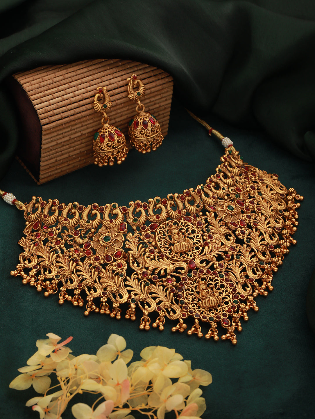 Jazz And Sizzle Gold-Plated Stone-Studded & Beaded Temple Necklace & Earrings - Jazzandsizzle