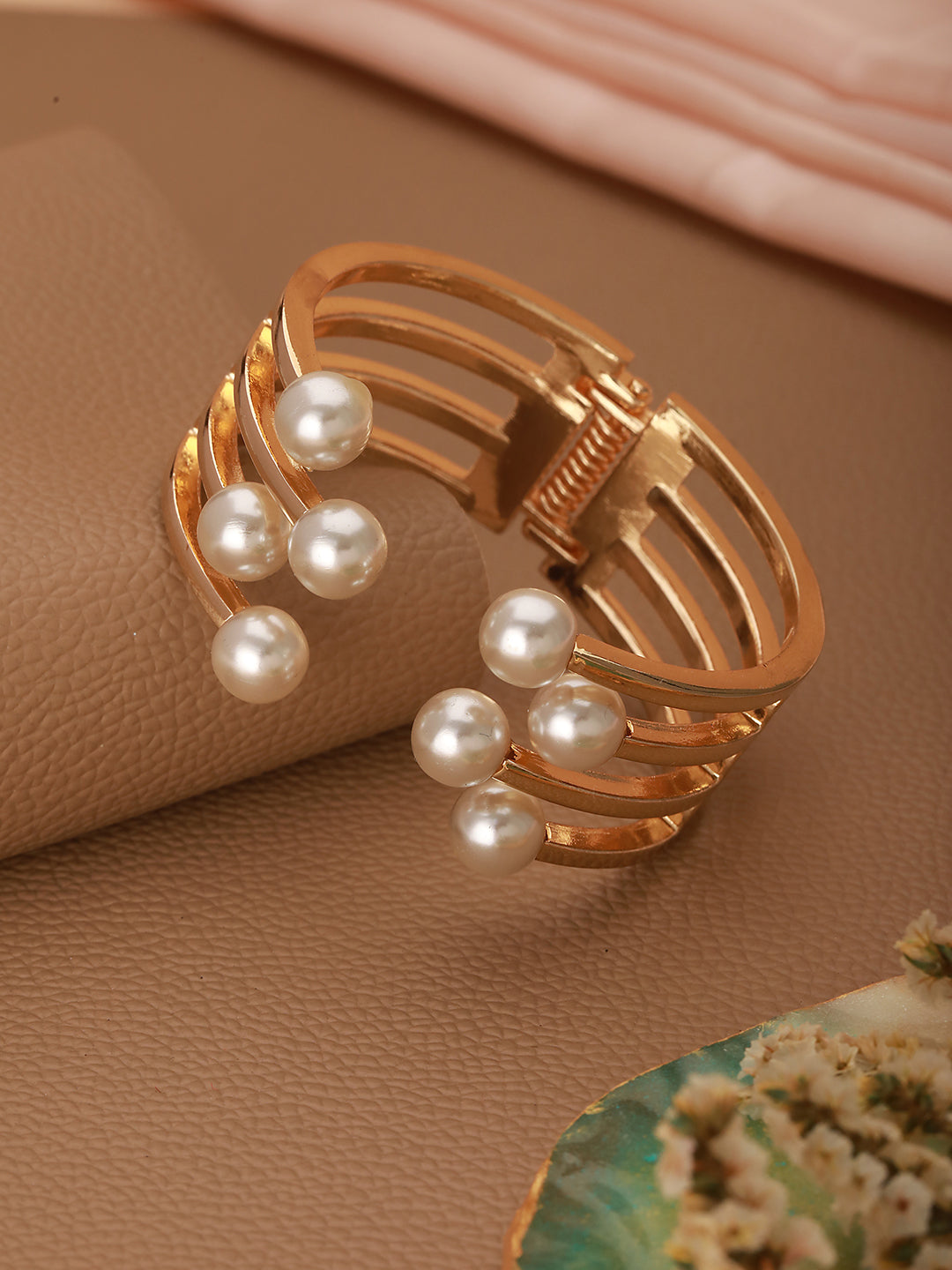 JAZZ AND SIZZLE Gold-Plated Pearls Studded Cuff Bracelet - Jazzandsizzle