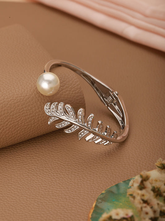 JAZZ AND SIZZLE Silver-Plated CZ Studded Pearl Beaded Cuff Bracelet - Jazzandsizzle