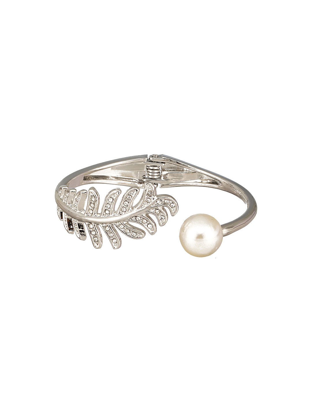 JAZZ AND SIZZLE Silver-Plated CZ Studded Pearl Beaded Cuff Bracelet - Jazzandsizzle