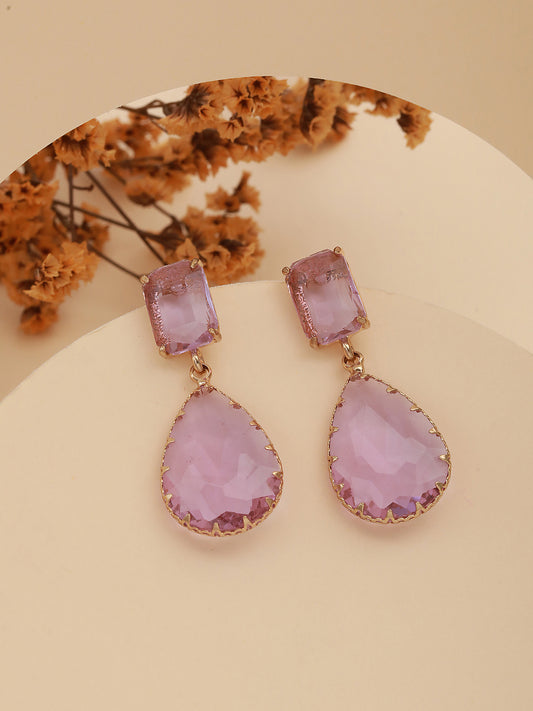 Jazz and Sizzle Gold-Plated Lavender pink Transparent Stone Studded Contemporary Tear Drop Earrings - Jazzandsizzle