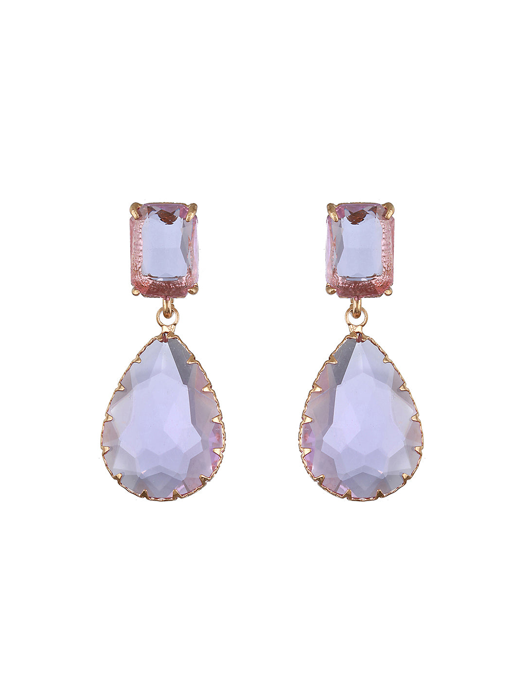 Jazz and Sizzle Gold-Plated Lavender Pink Transparent Stone Studded Contemporary Tear Drop Earrings
