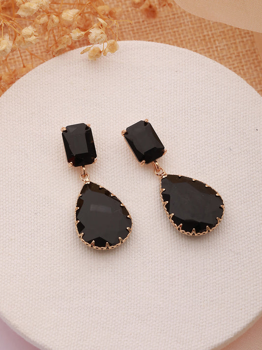 Jazz and Sizzle Gold-Plated Black Transparent Stone Studded Contemporary Tear Drop Earrings - Jazzandsizzle