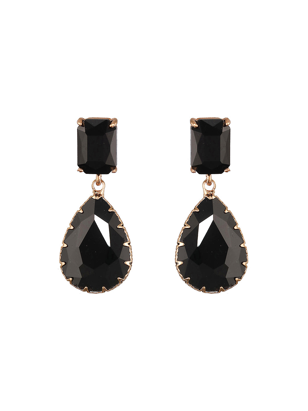 Jazz and Sizzle Gold-Plated Black Transparent Stone Studded Contemporary Tear Drop Earrings
